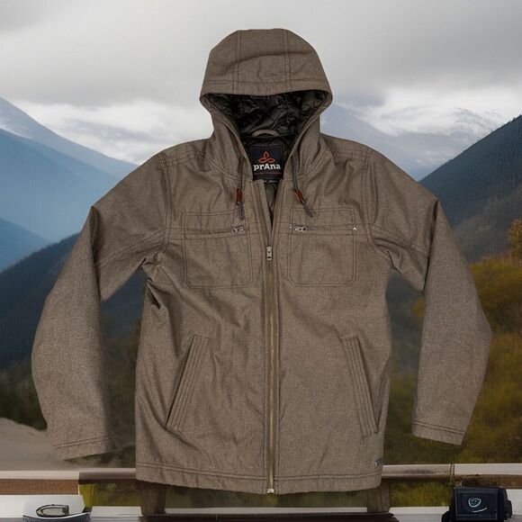 prAna Holmes Jacket - Medium‎ Men's-Wren Heather Brown Quilted Lining EUC - Picture 1 of 11